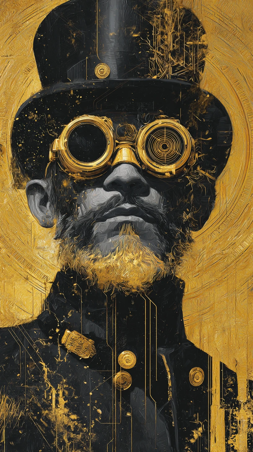 Homem steampunk com óculos dourados e fundo abstrato dividido