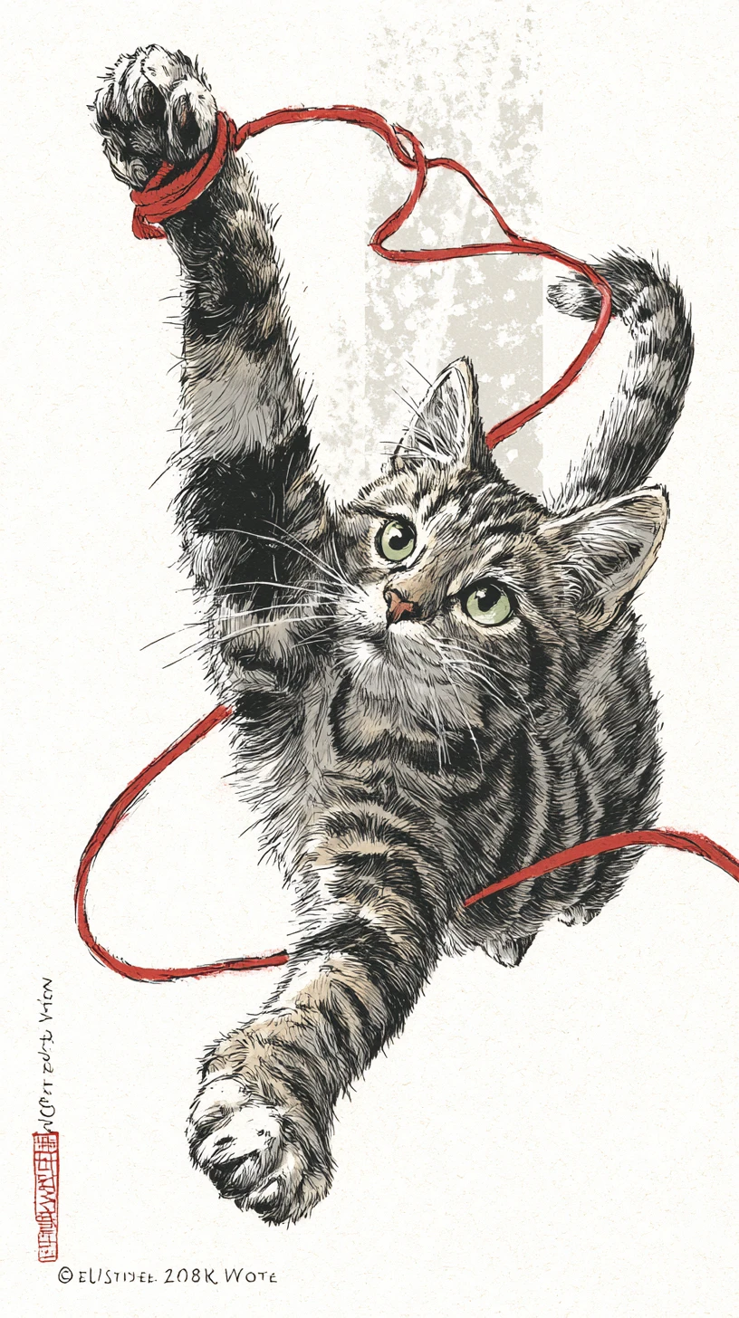 Chaton tigré joueur bondissant en plein air après un fil de laine rouge