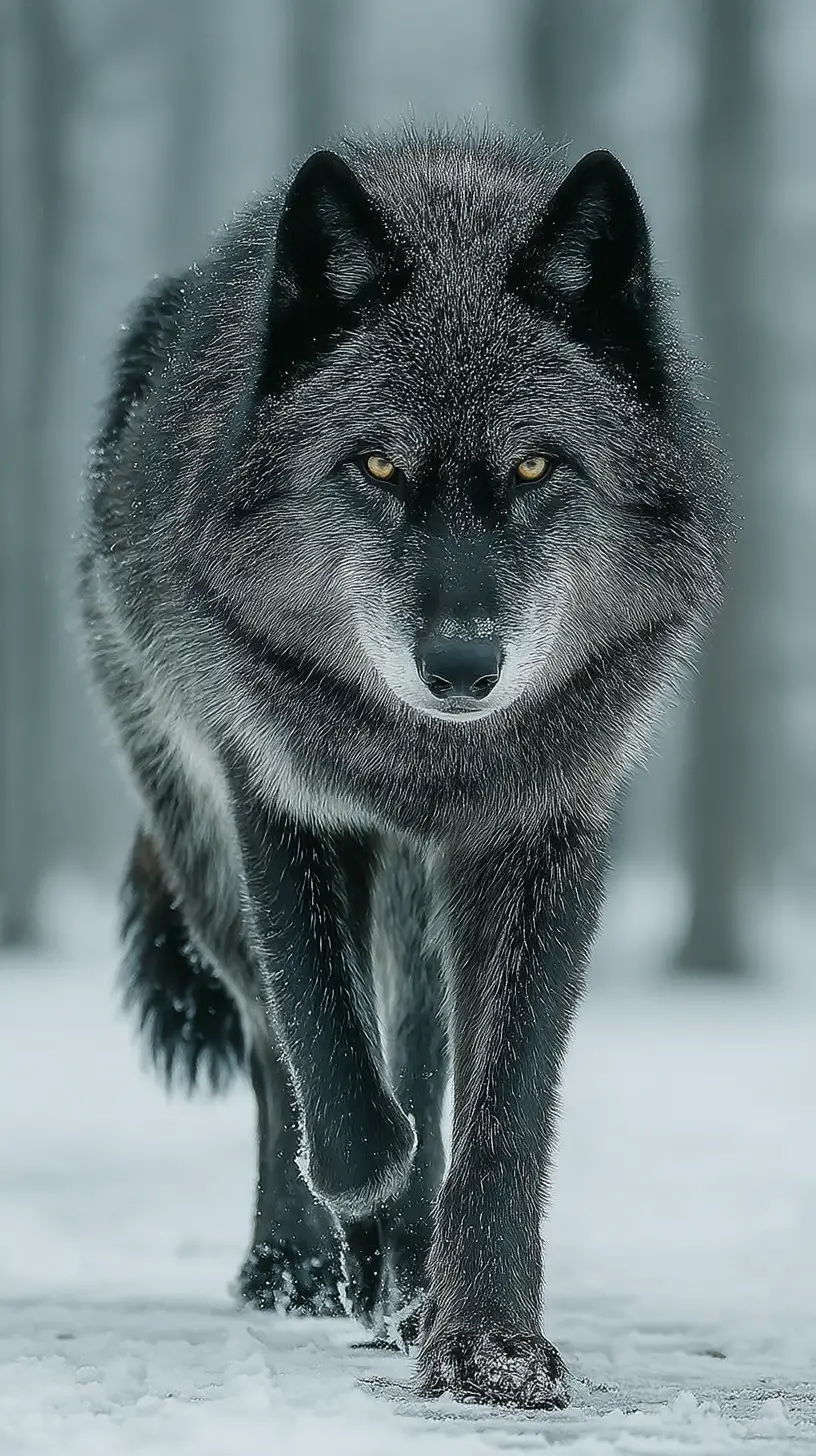 Schwarzer Wolf, der durch unberührten Schnee auf den Betrachter zukommt