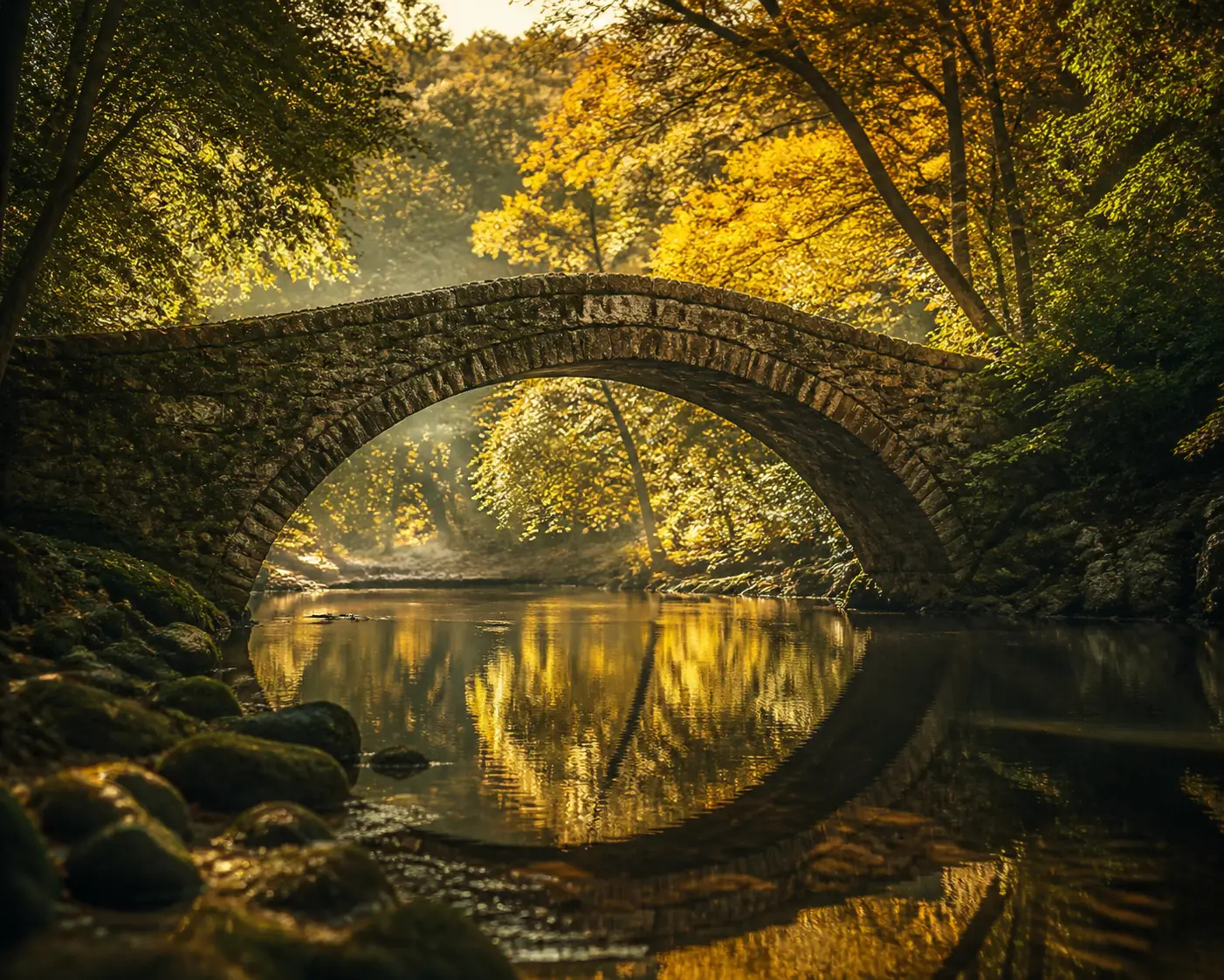 Alte Steinbrücke, die sich in einem ruhigen Herbstfluss spiegelt