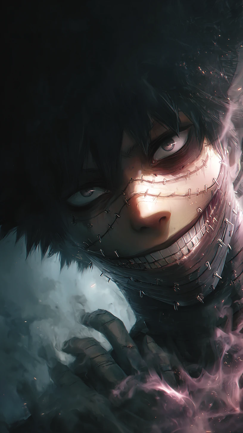 Retrato sinistro de vilão de anime com rosto cheio de cicatrizes grampeadas