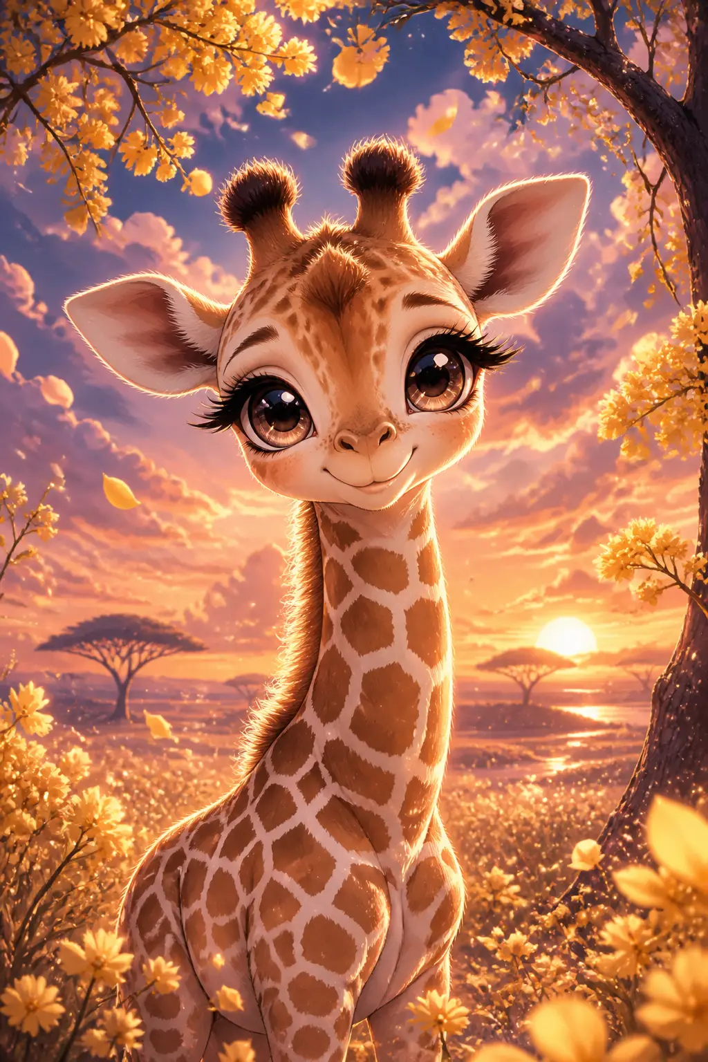 Dolce giraffina bebé in stile anime accanto ad acacie al tramonto