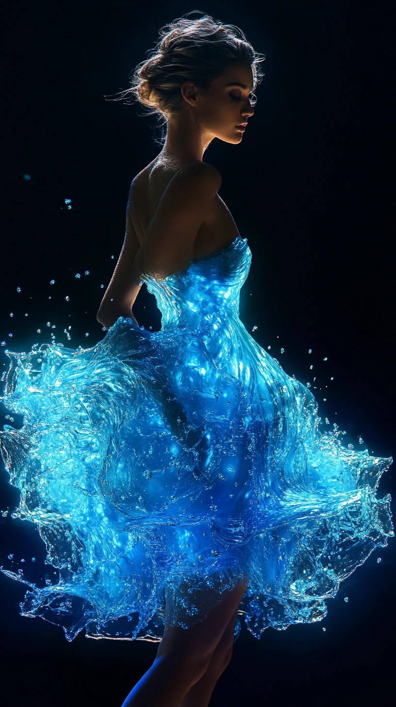 Mulher com vestido de água azul luminosa esvoaçante em fundo preto