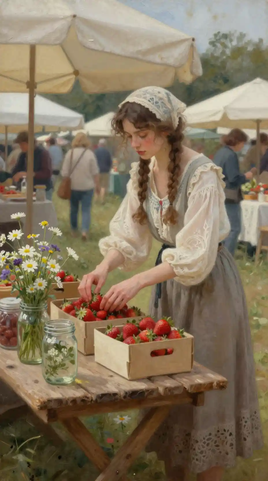 Bohemian woman arranging strawberries at autumn farmers market