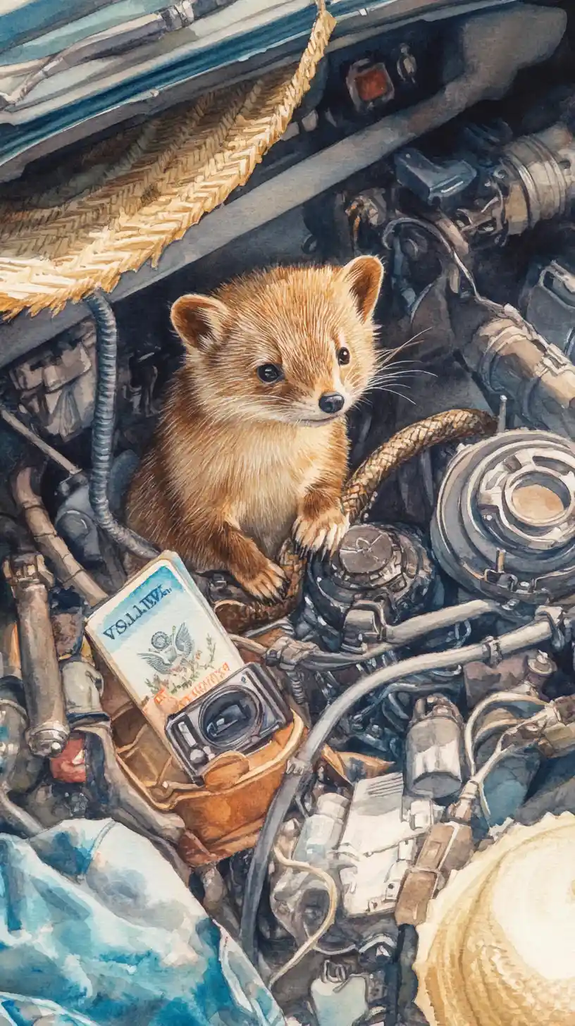 Watercolor marten in a car engine chewing colorful cables