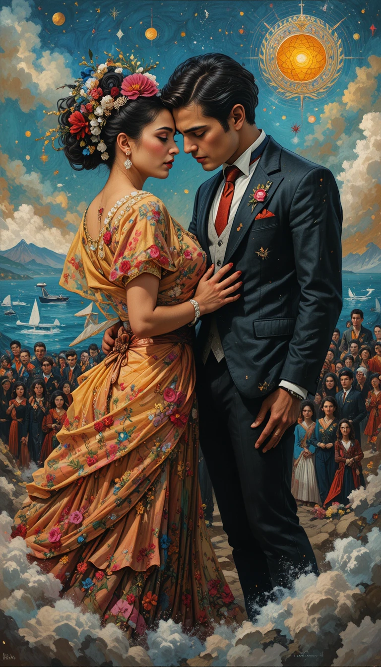 Casal surreal compartilhando um abraço de despedida agridoce