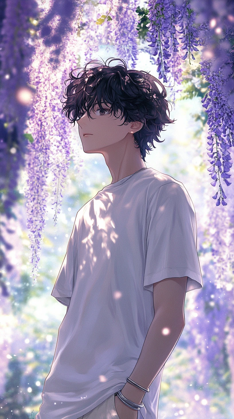 Garoto de anime sob cascatas de flores de glicínia roxa