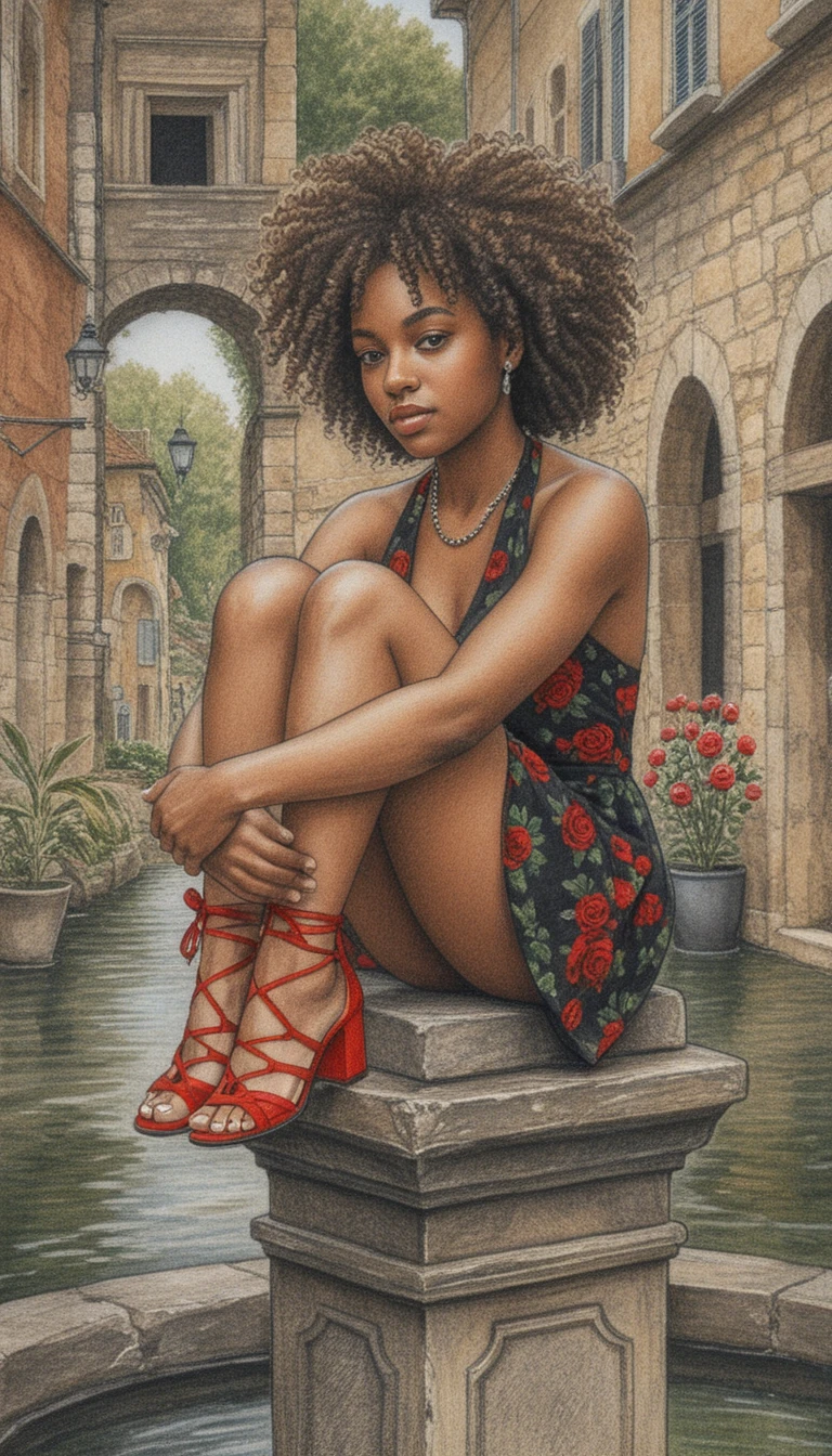Curly haired black woman on stone fountain in halter dress