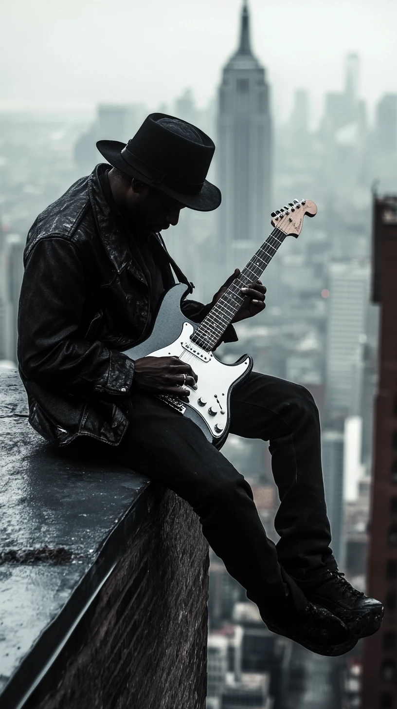 Guitarrista de blues em telhado da cidade com guitarra branca brilhante