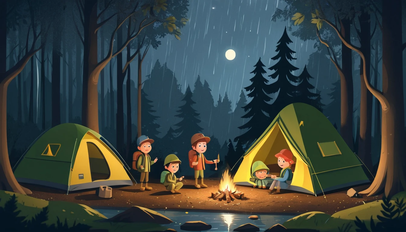かわいいクレイ風の子どもたちが雨の夜の森でキャンプ