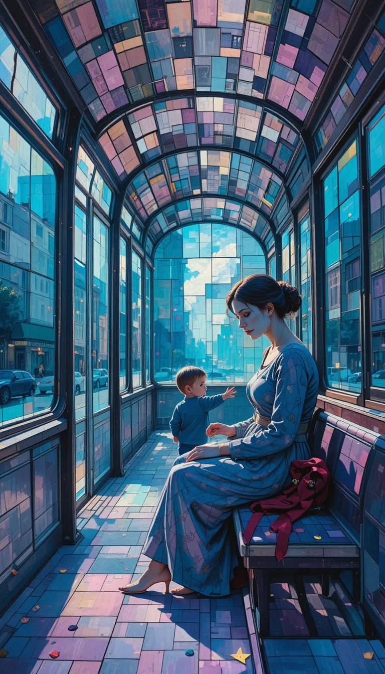 Mãe e filho esperando em um ponto de ônibus em Paris