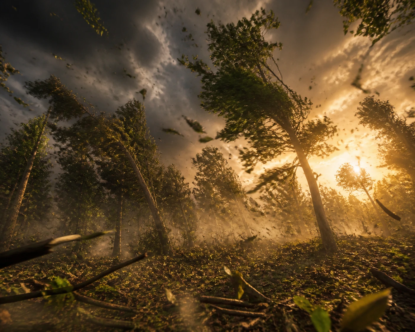 Cena de tempestade no chão da floresta à luz dourada do entardecer