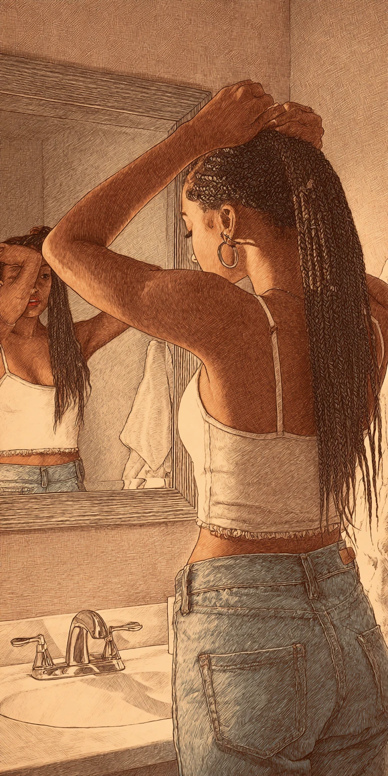 Jeune femme ajustant ses box braids devant un miroir de salle de bain