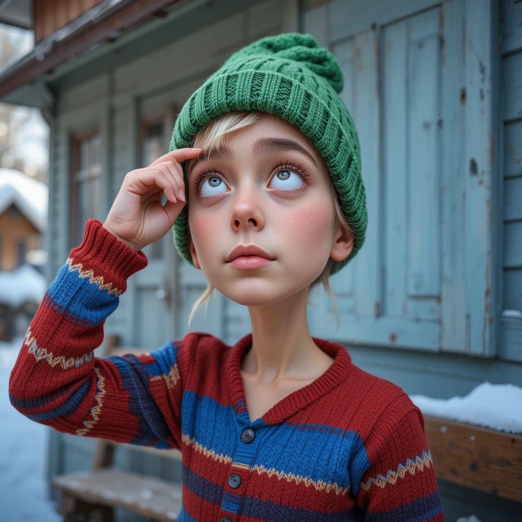 Menino loiro brincalhão com roupas de inverno cobrindo os olhos