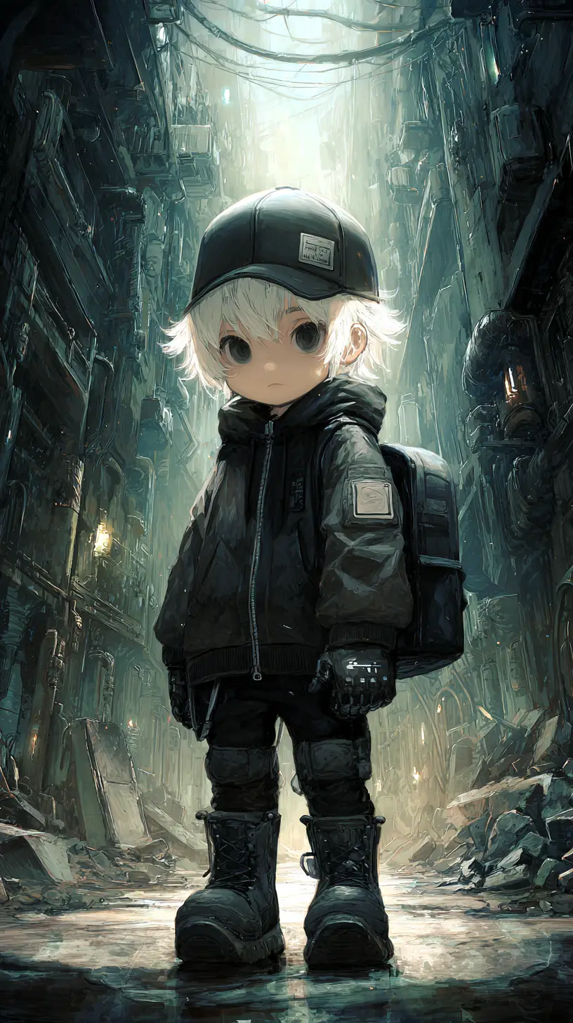 Anime boy in tactical gear walking through dark urban alley