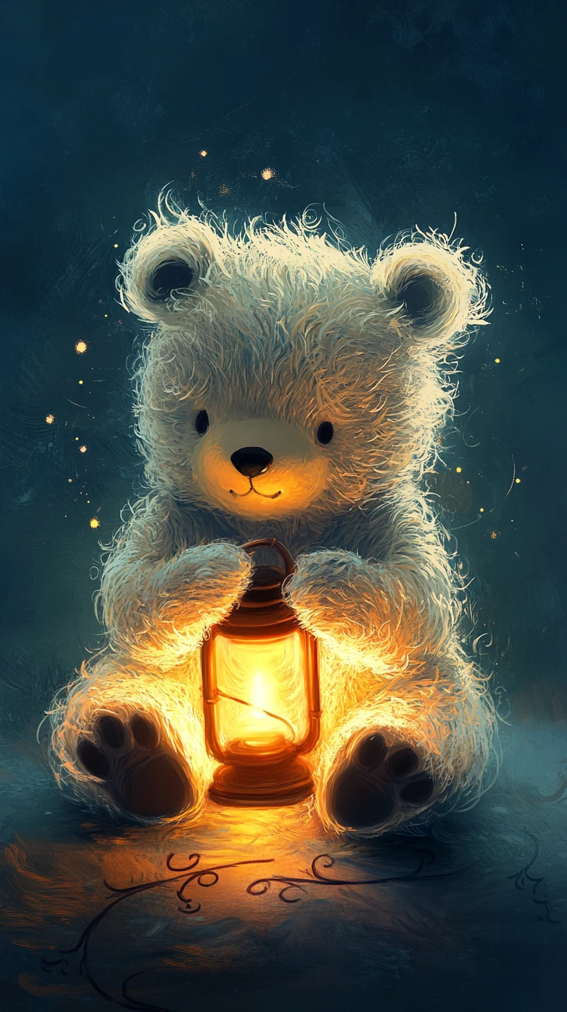 Dolce cucciolo d’orso soffice che regge una lanterna dalla luce soffusa