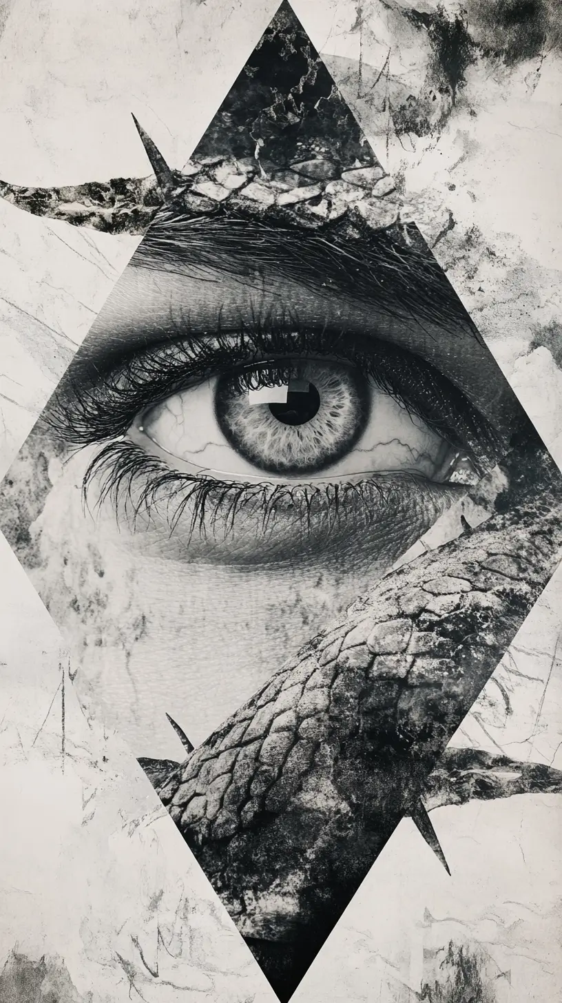 Surreal dragon eye emerging from abstract illusion collage