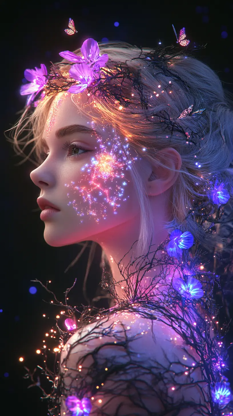 Ethereal crowned woman glowing in a cosmic night sky