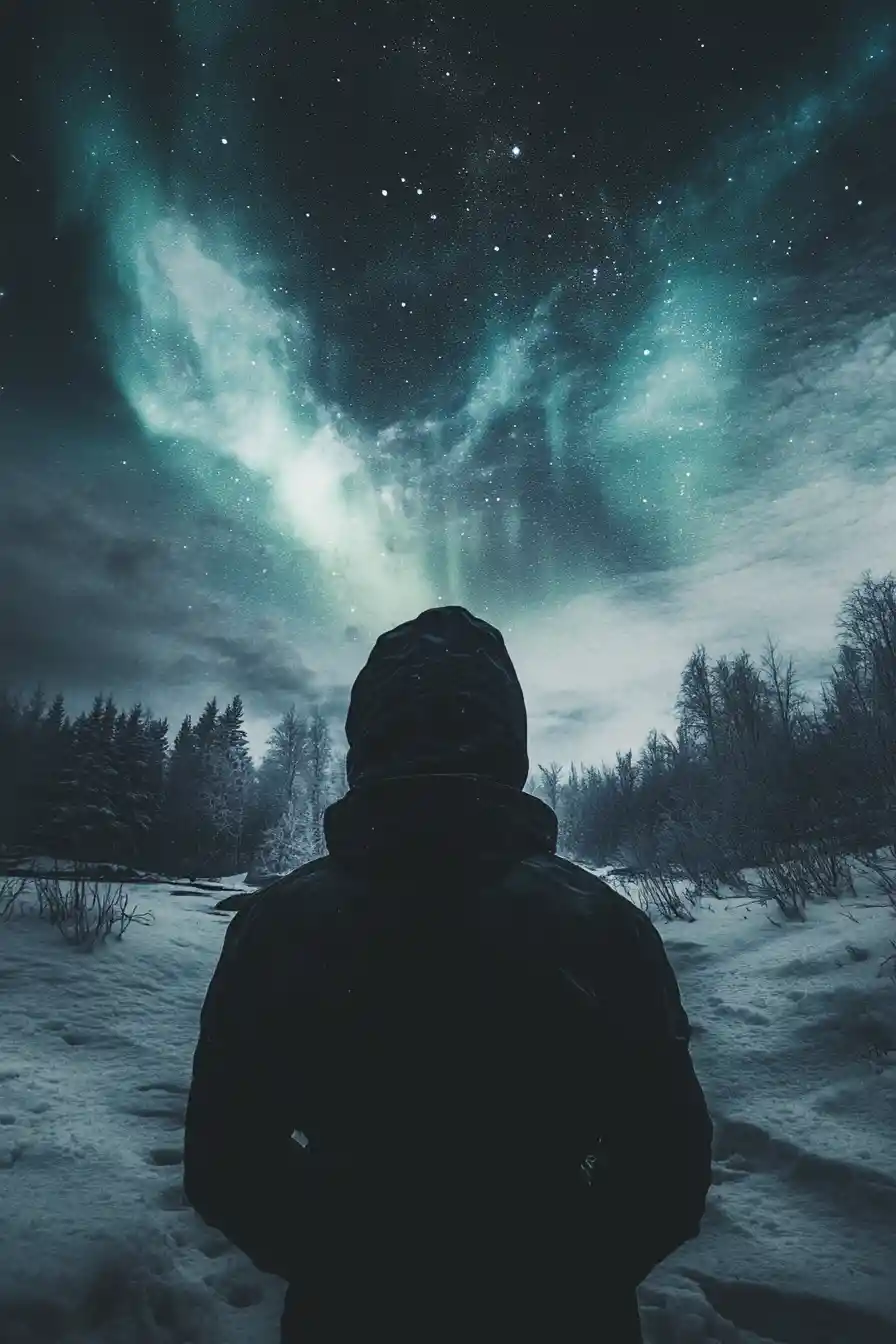 Hooded man under aurora in a stark icy night scene