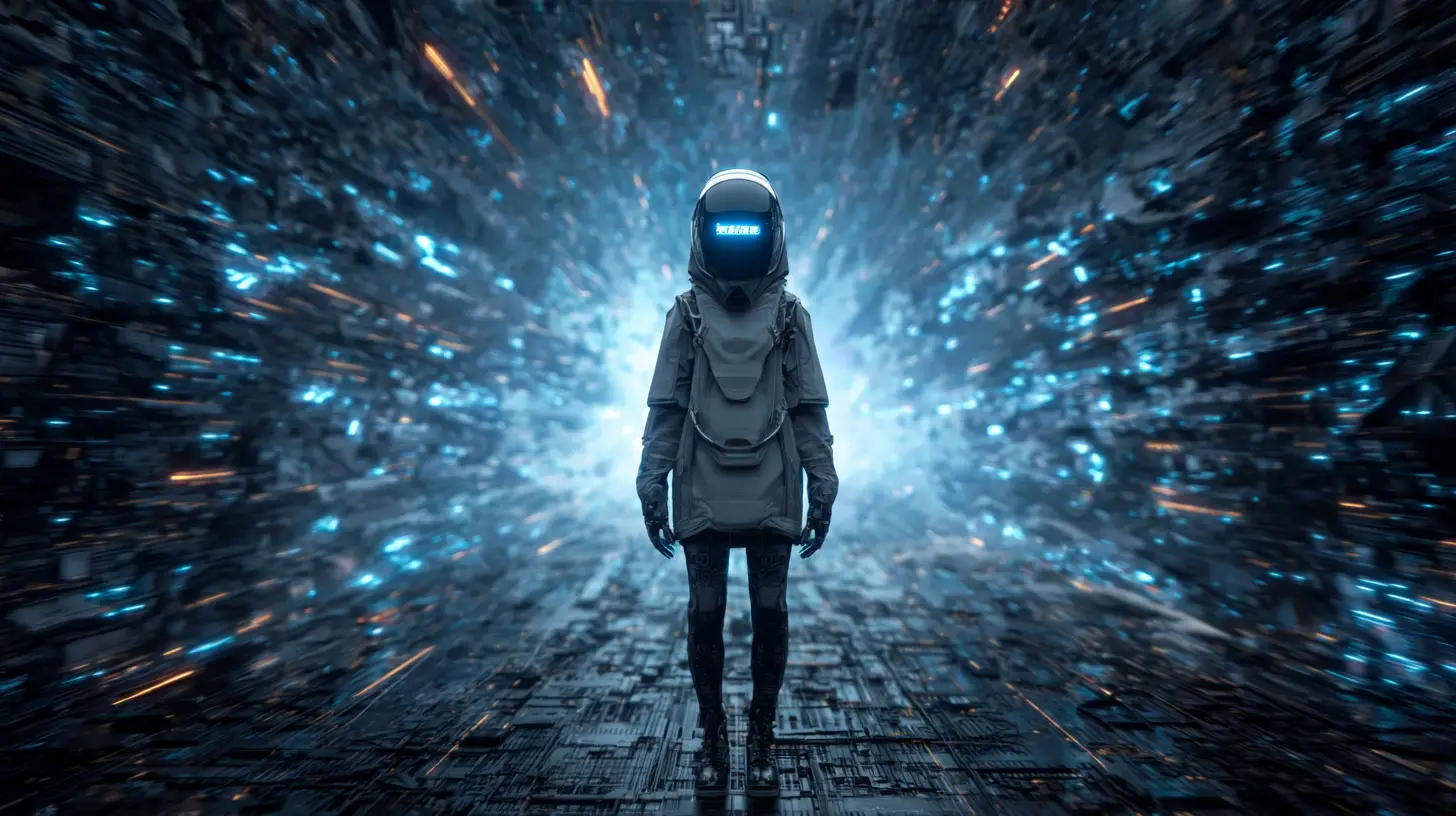 Uomo futuristico in armatura nera in paesaggio apocalittico