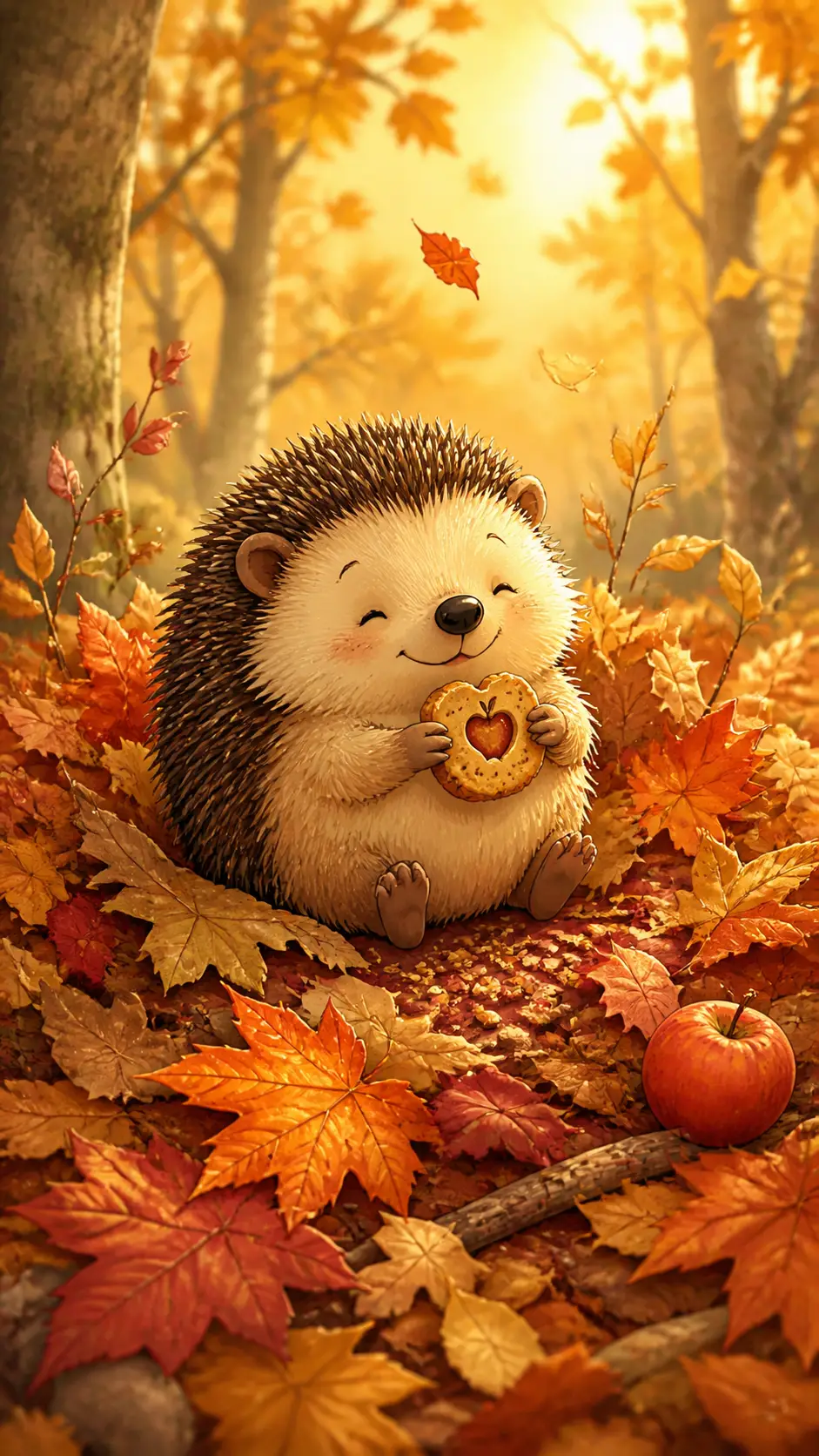 Adorable hérisson dans les feuilles d’automne tenant un biscuit