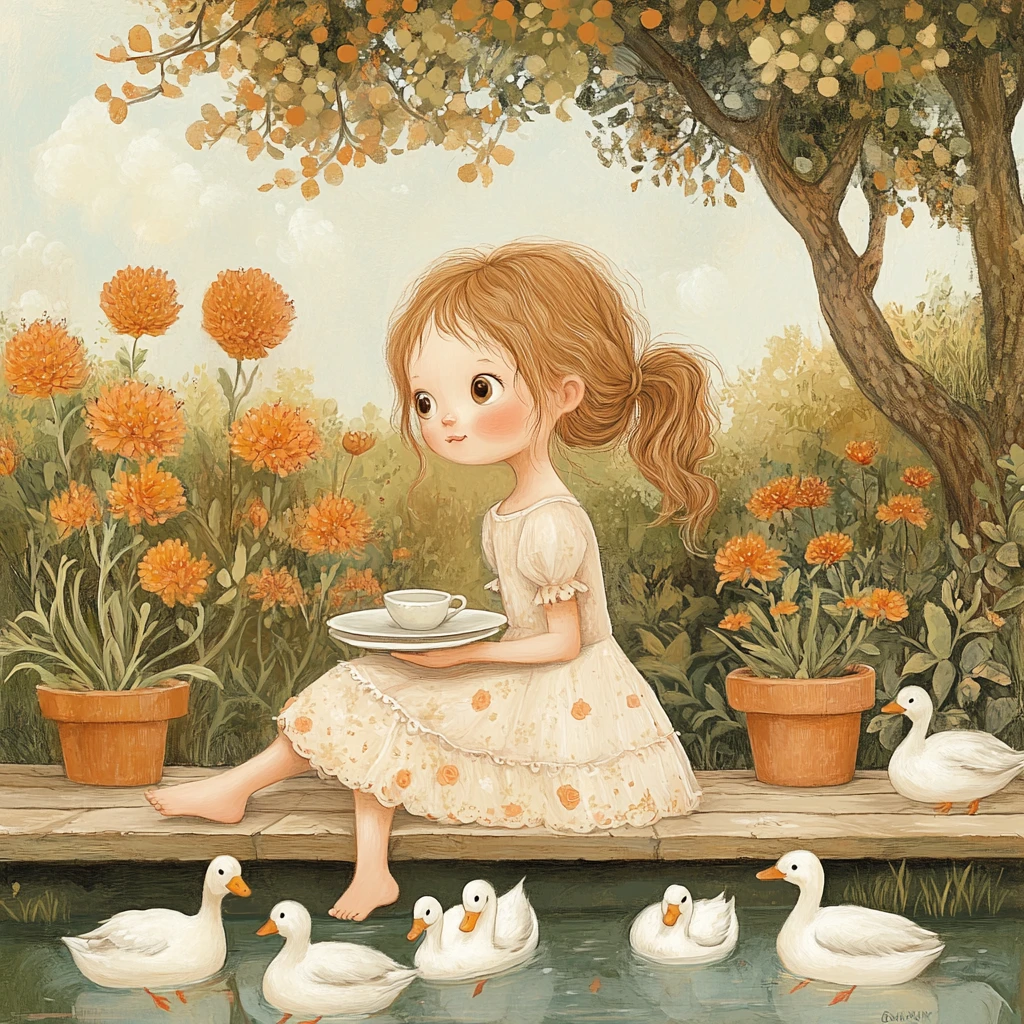 Jeune fille assise près des canards dans un jardin de rêve