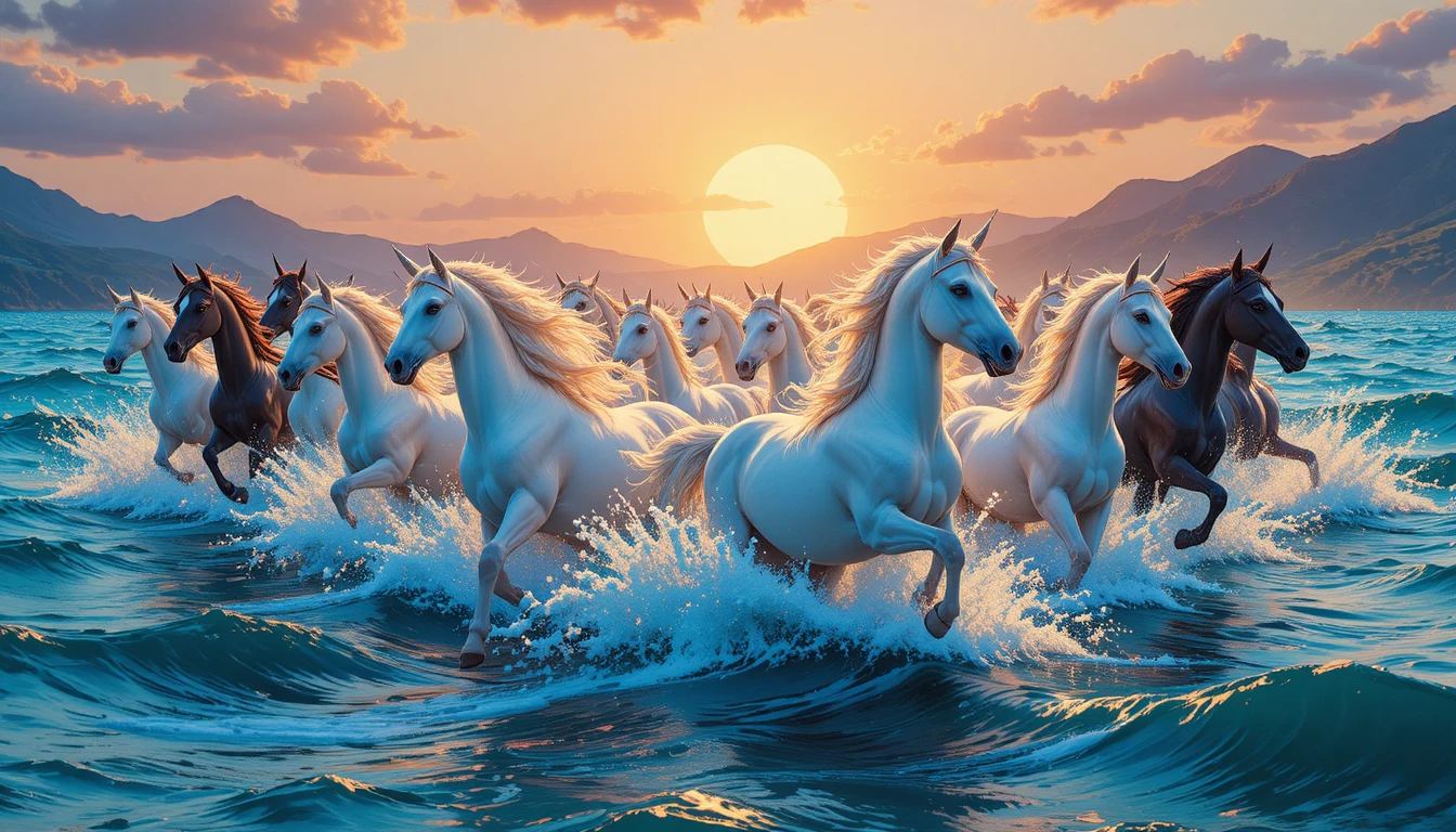 Mandria di unicorni al galoppo in un oceano luminoso al tramonto