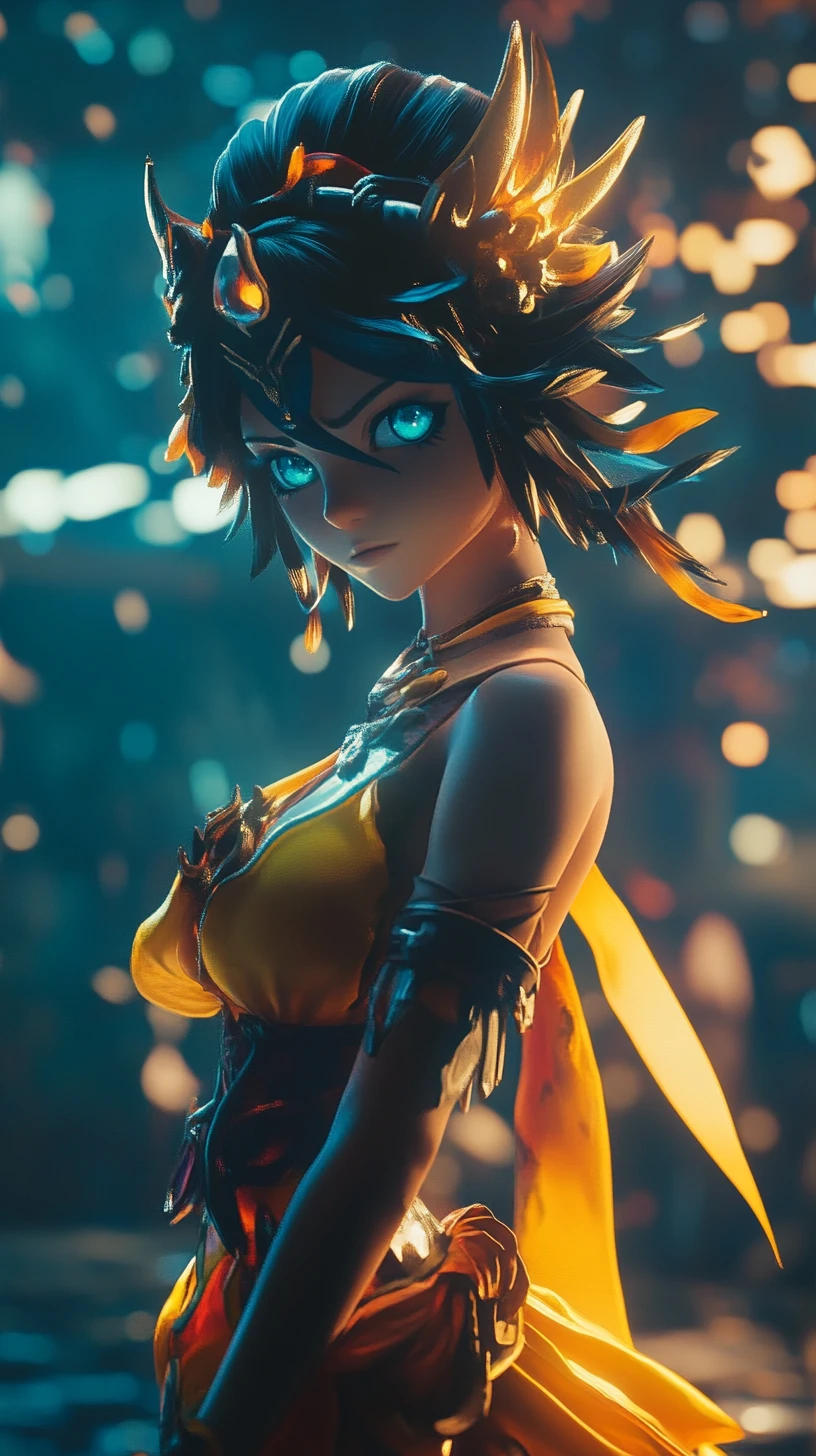 Anime warrior princess dancing on a dimly lit stage