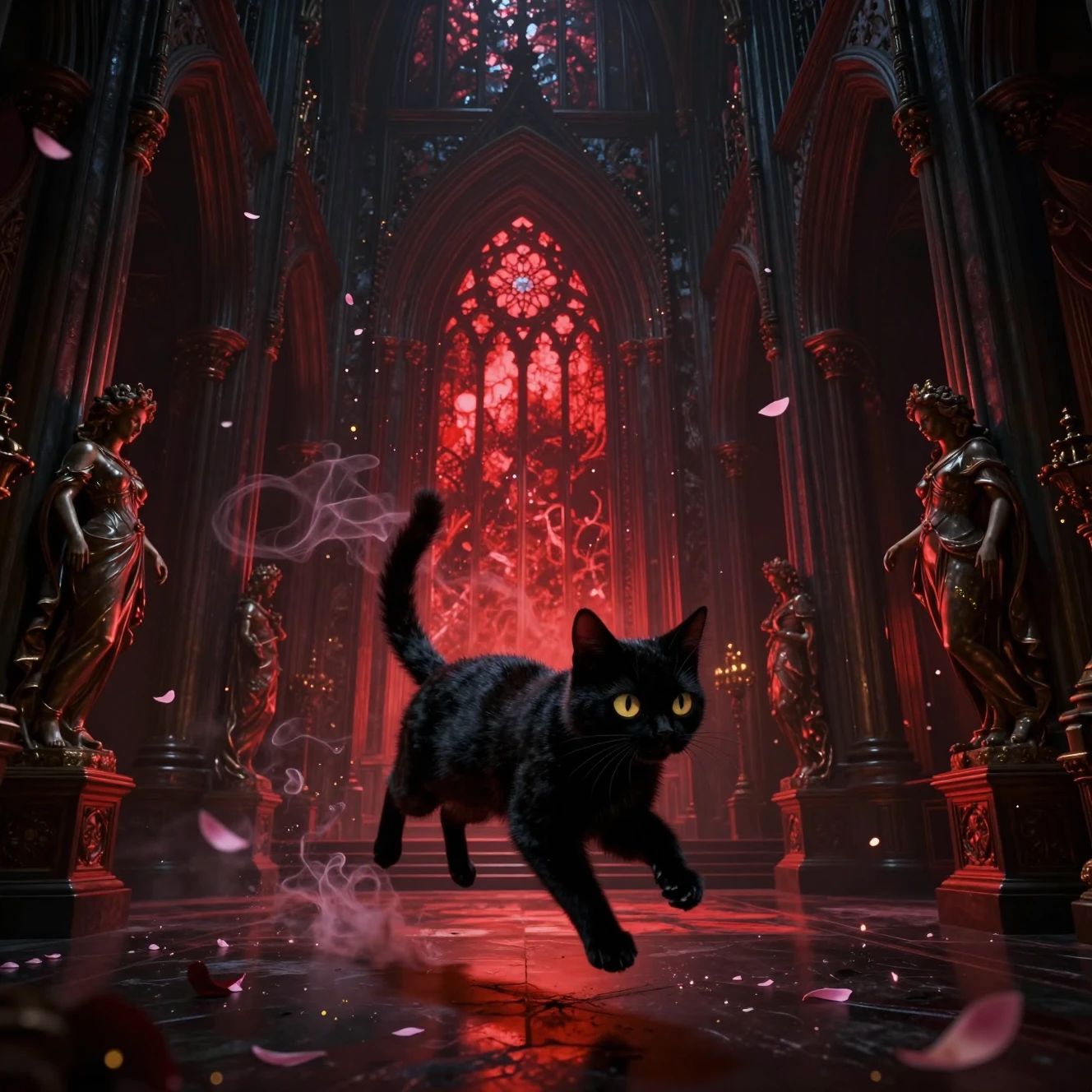 Gatto nero che salta in una sala gotica di specchi illuminata di rosso