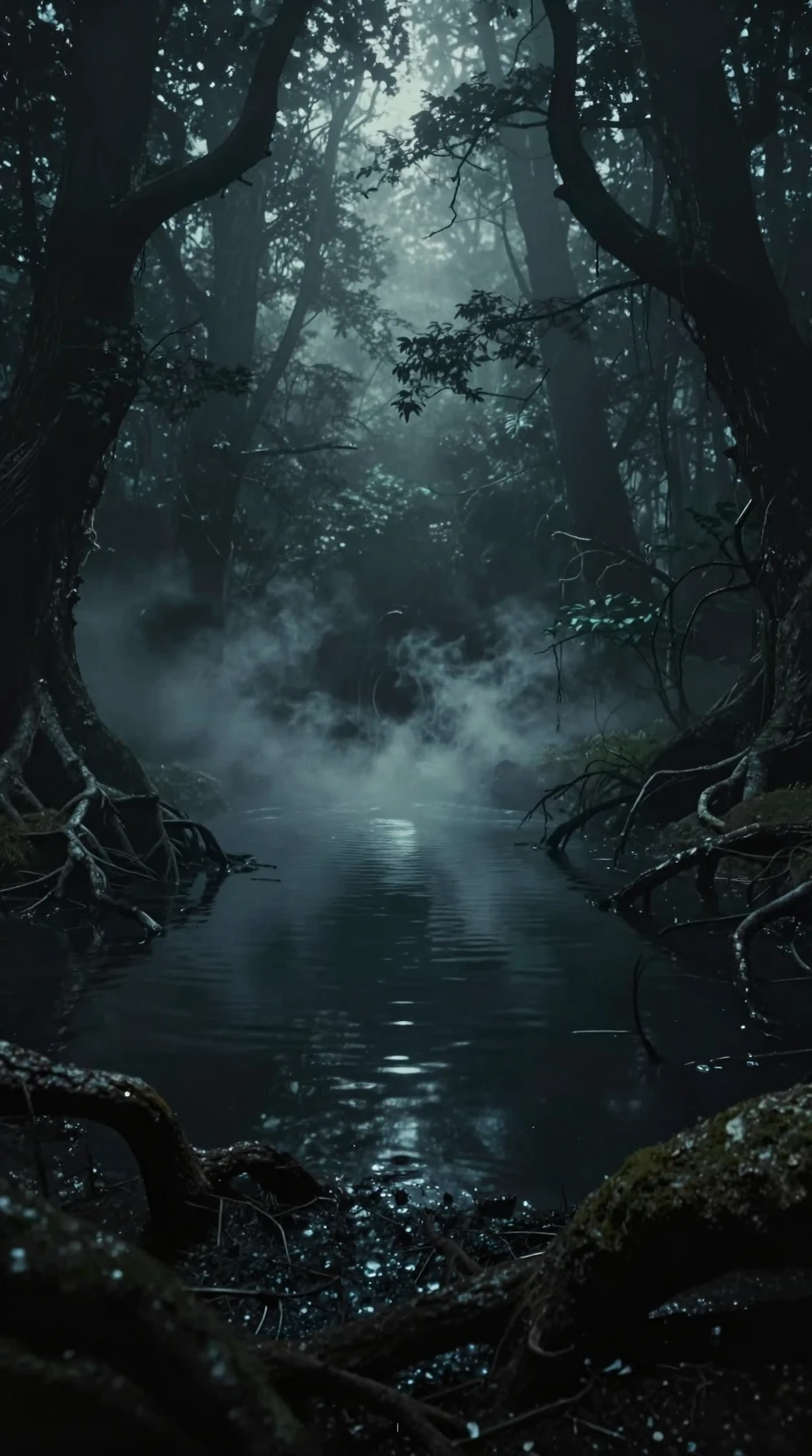 Kosmischer Horror: Waldteich mit leuchtendem Nebelportal