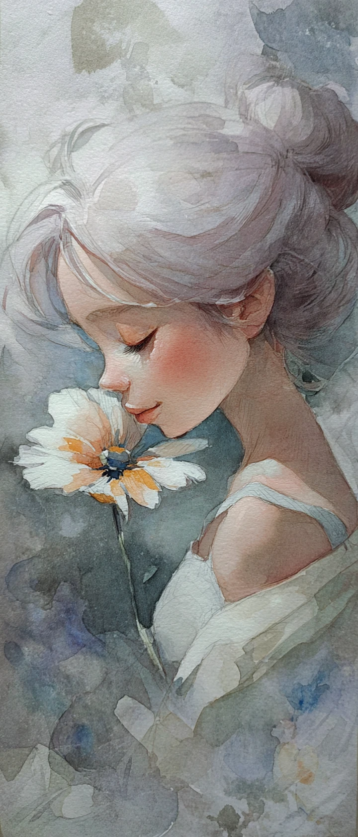 Retrato em aquarela de uma garota cheirando delicadamente uma flor