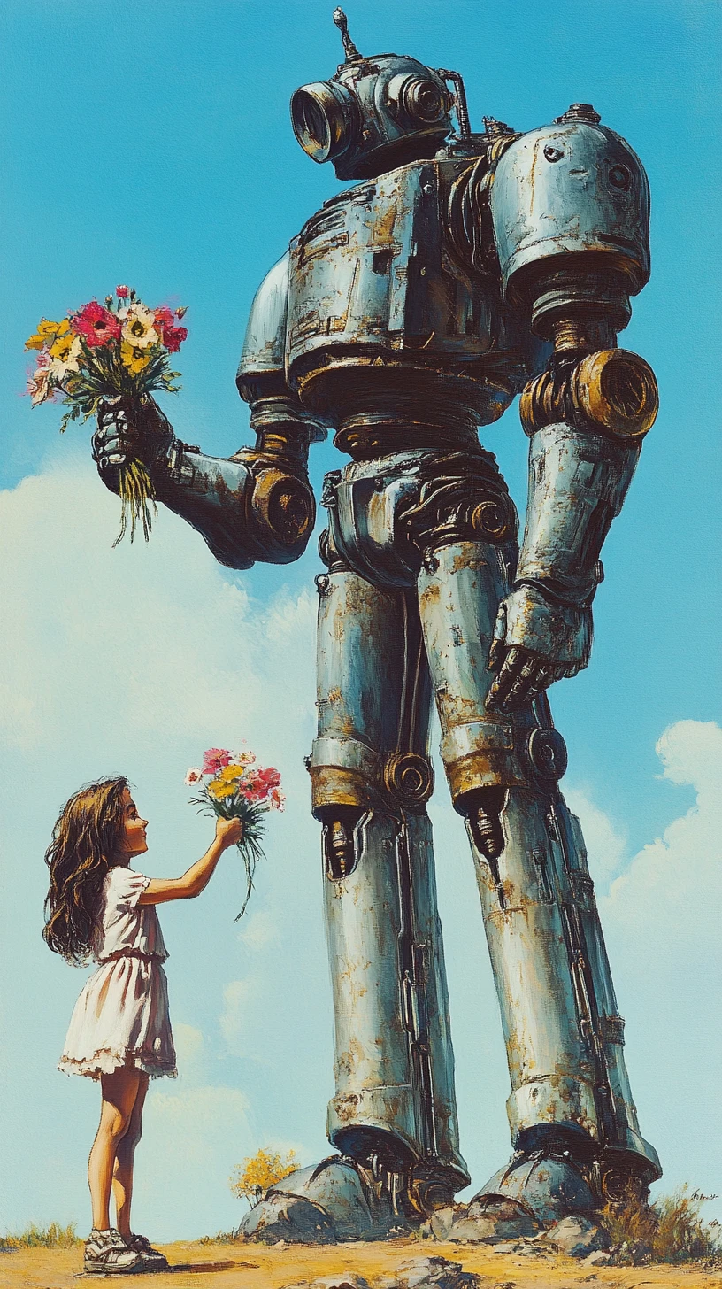 Riesiger Roboter, der einem lächelnden Mädchen Blumen anbietet