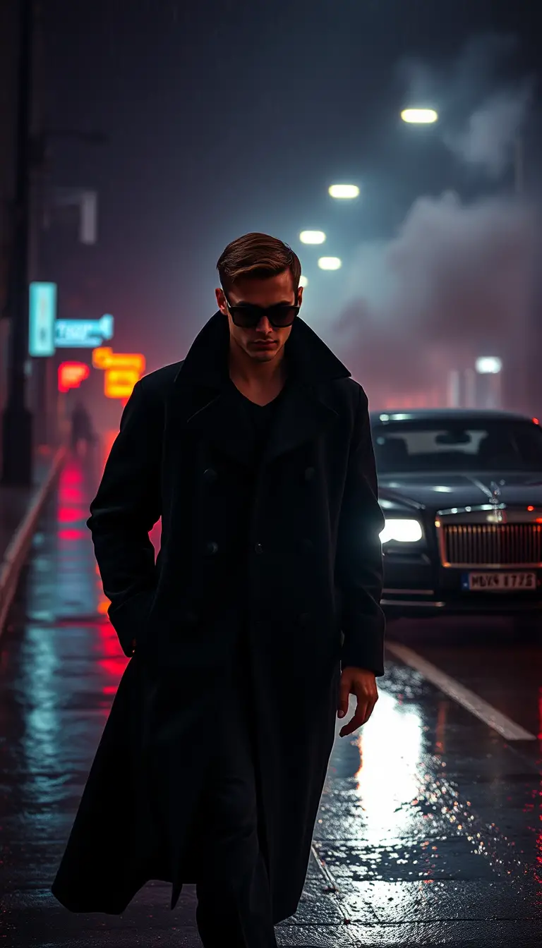 Young gangster walking alone on rainy neon city street