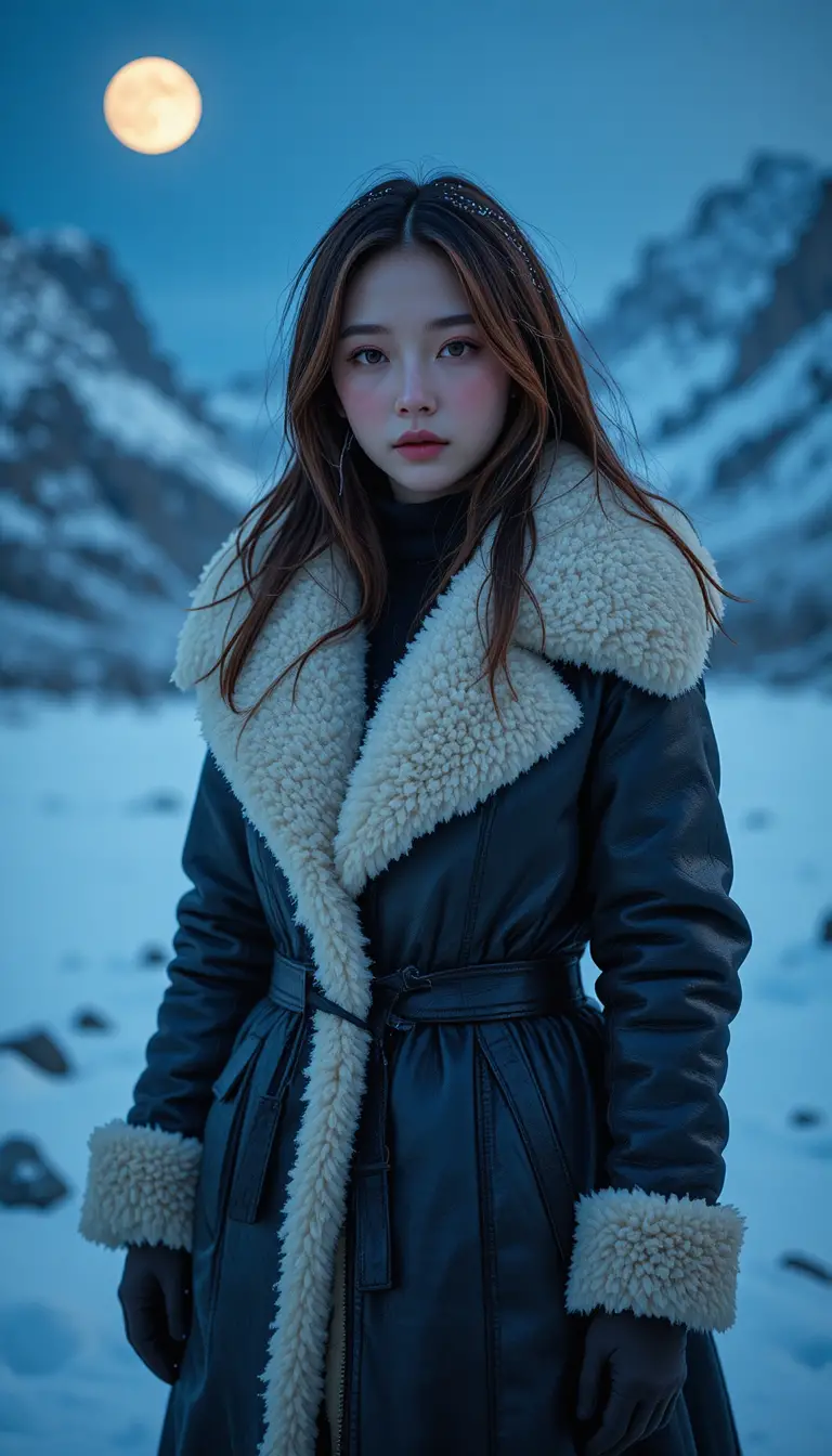 藍調時刻穿皮外套的韓國女孩在阿爾泰