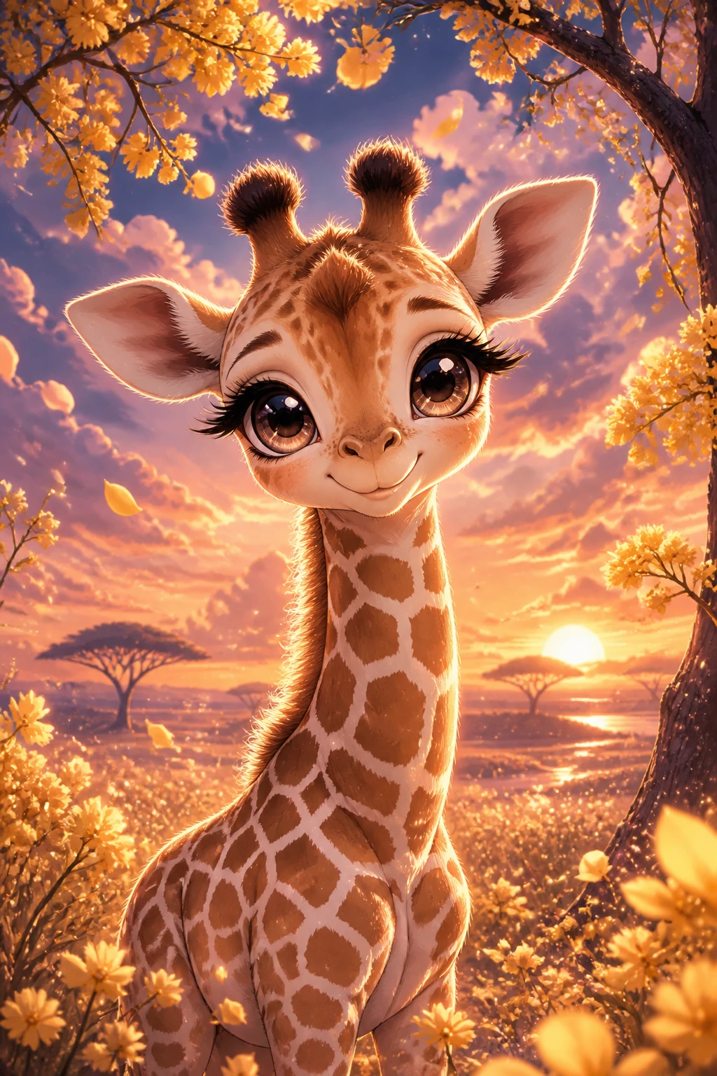 Adorável filhote de girafa em estilo anime ao lado de acácias ao pôr do sol