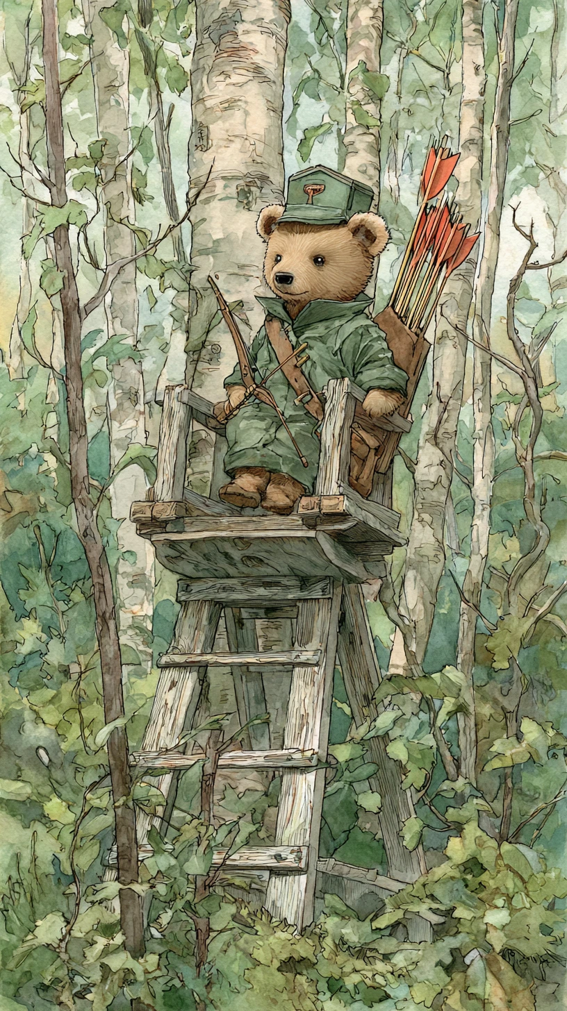 Wasserfarben-Teddybär-Jäger auf einem Hochsitz im Wald