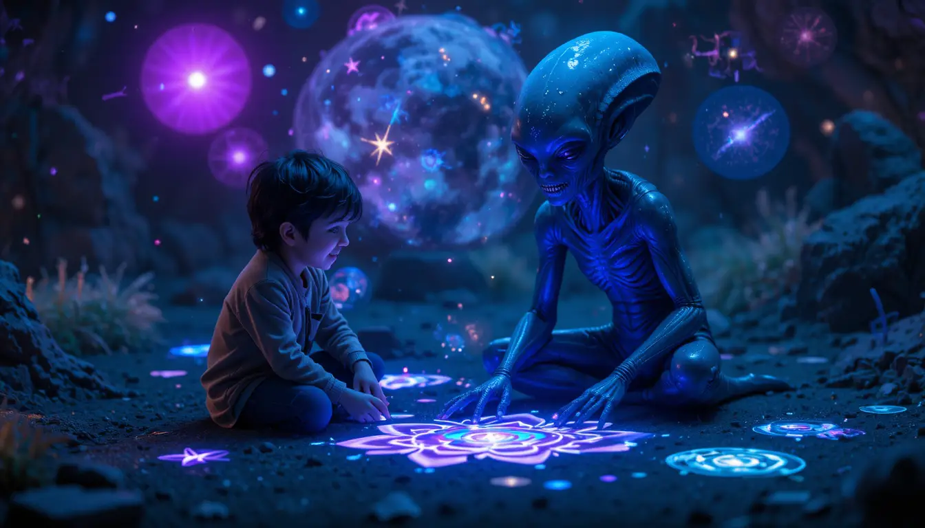 男孩與外星人在發光全息星空下描繪圖形