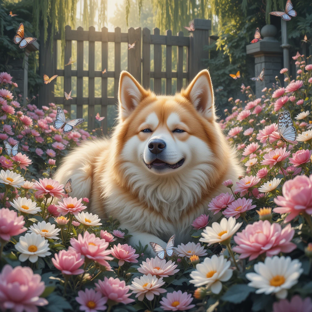 Cachorro fofinho cochilando em um jardim florido com borboletas
