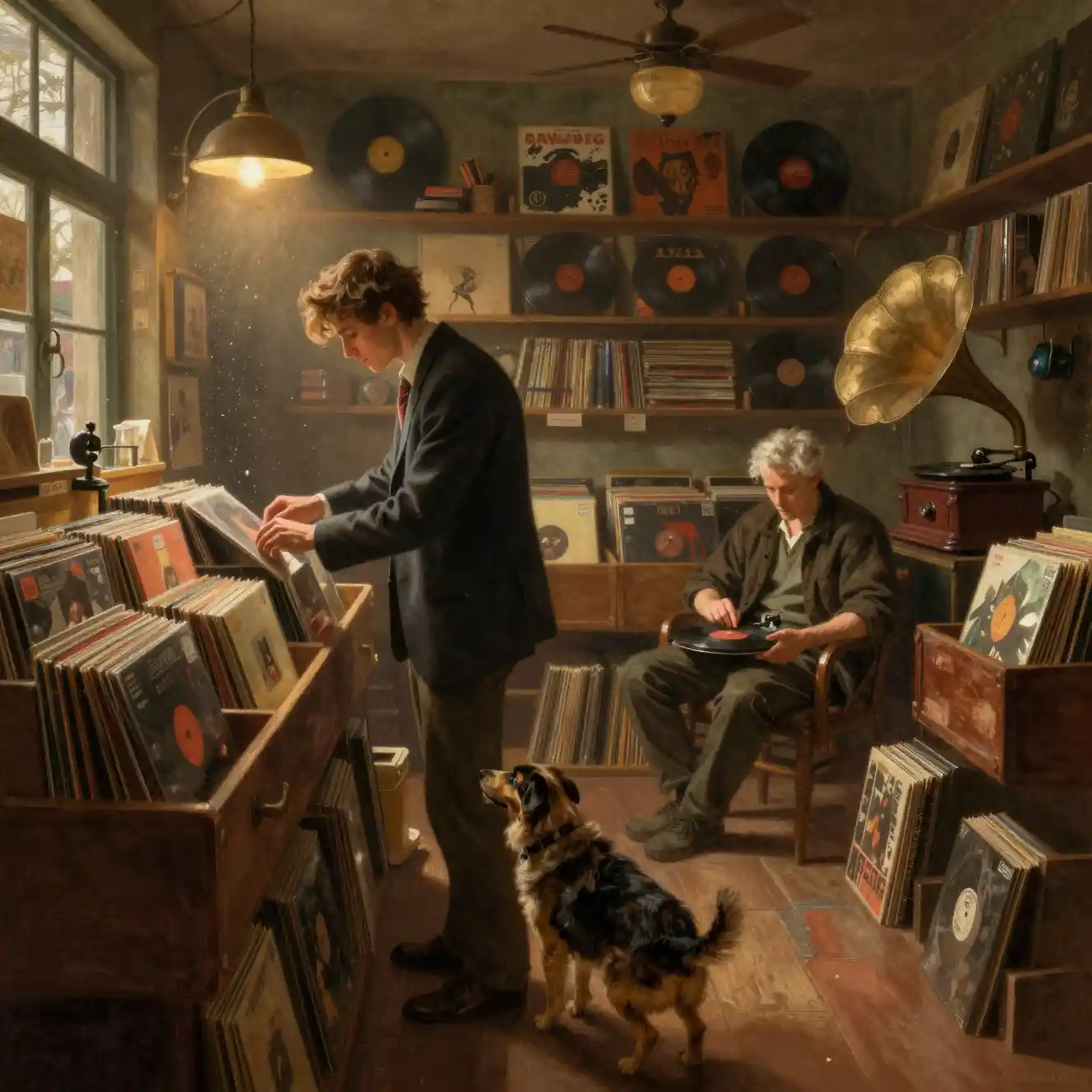 Young man browsing vinyl in a cozy record store