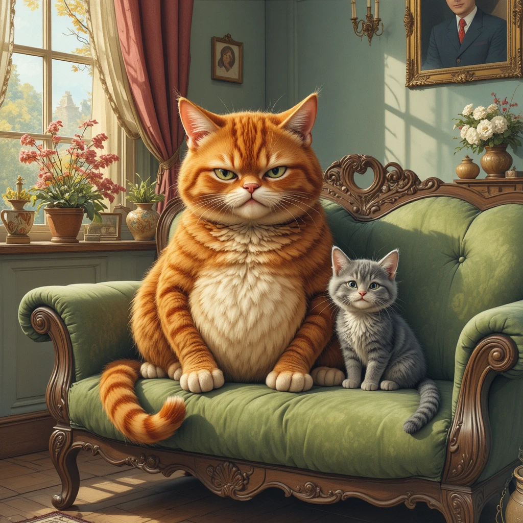 Gato ruivo mal-humorado e gatinho feliz em sofá verde