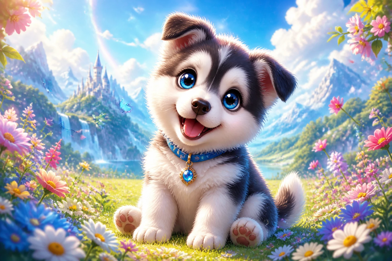晴れた花畑のかわいいハスキーの子犬