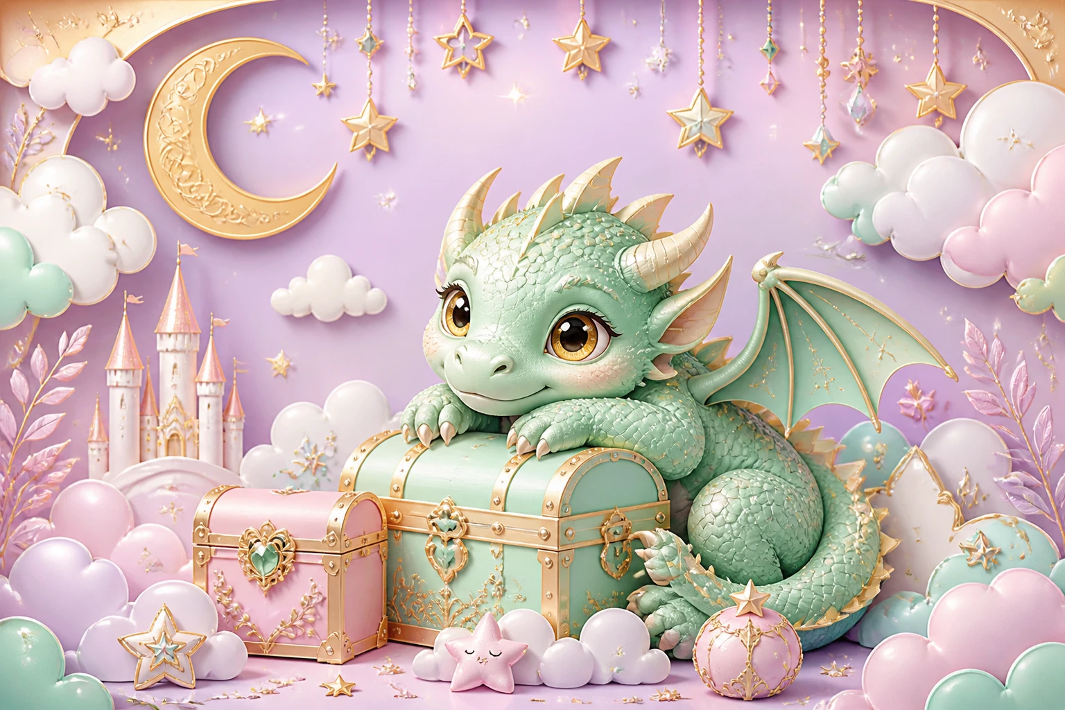 Süße Baby-Drachen-Kunstdrucke fürs Kinderzimmer mit pastellfarbenen Schatztruhen