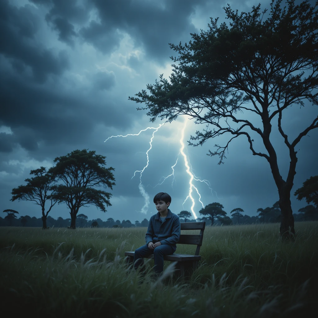 Menino em um banco de madeira em um campo aberto tempestuoso