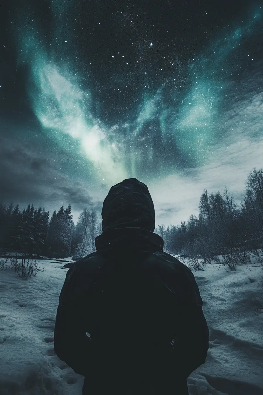 Hooded man under aurora in a stark icy night scene
