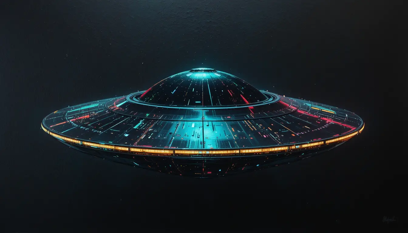 Neon lit retro futuristic ufo hovering in deep black space