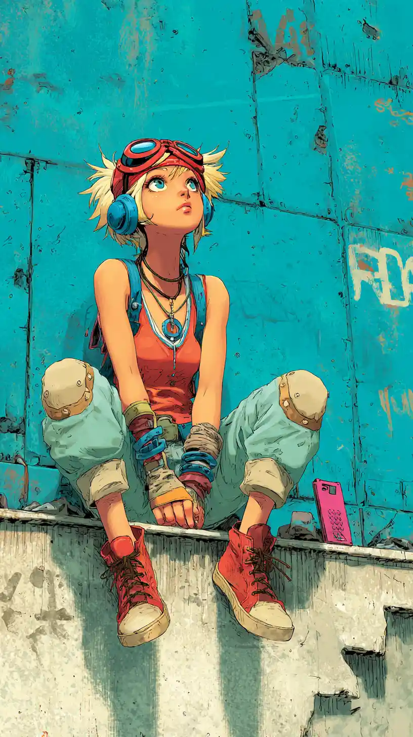 Anime girl crouching by a cyan graffiti covered city wall