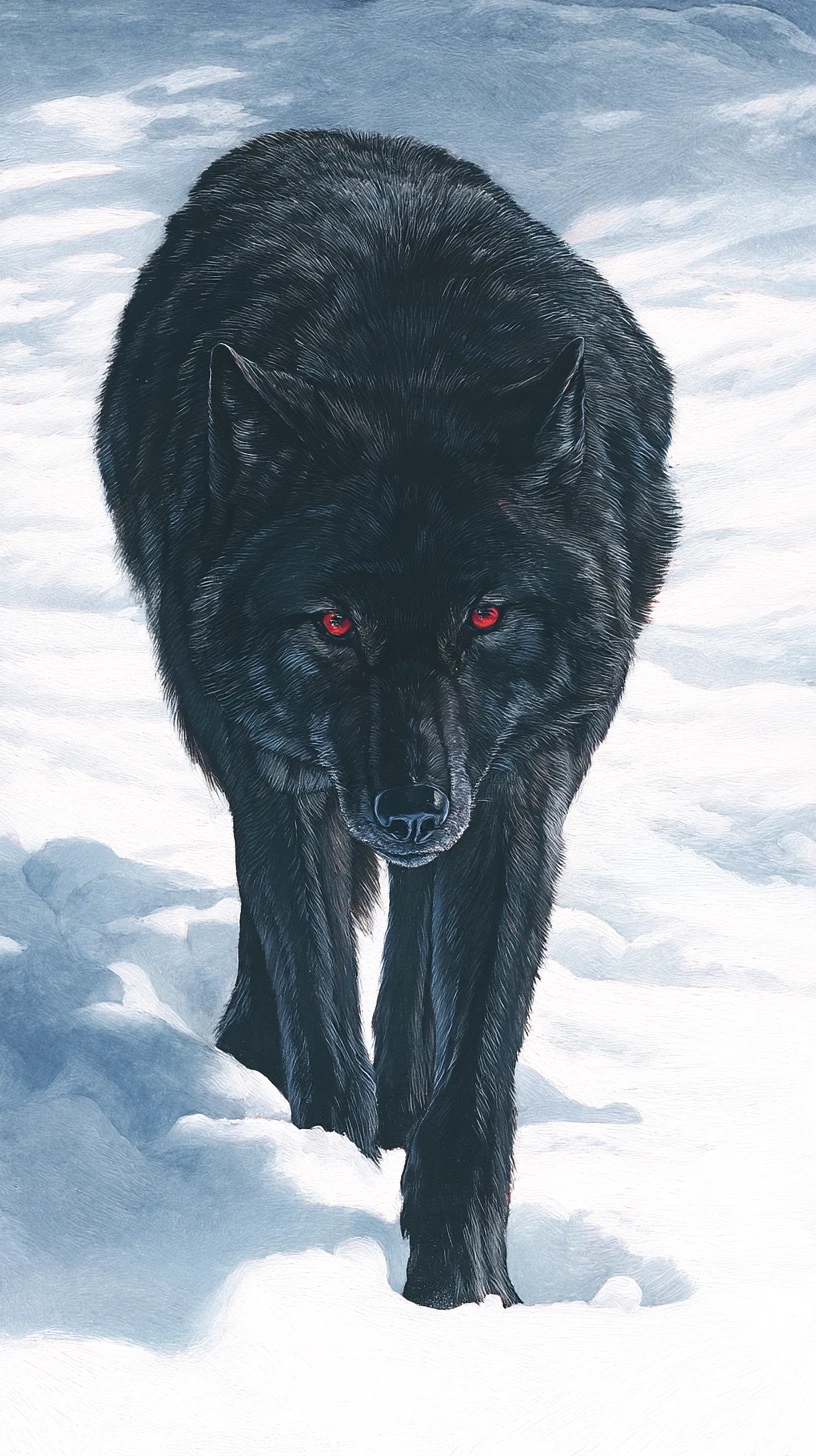 Lobo negro de olhos vermelhos caminhando pela paisagem nevada