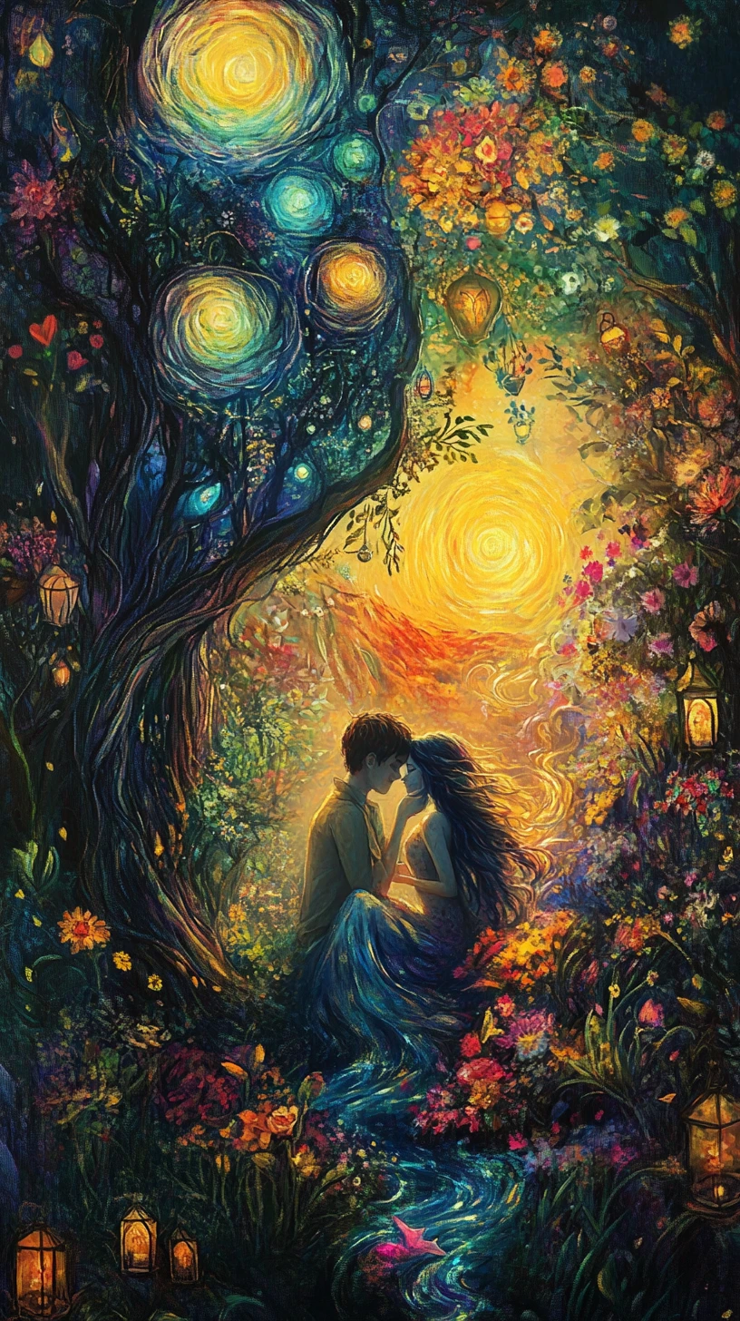 Casal fantástico de fogo e água em jardim ao pôr do sol brilhante