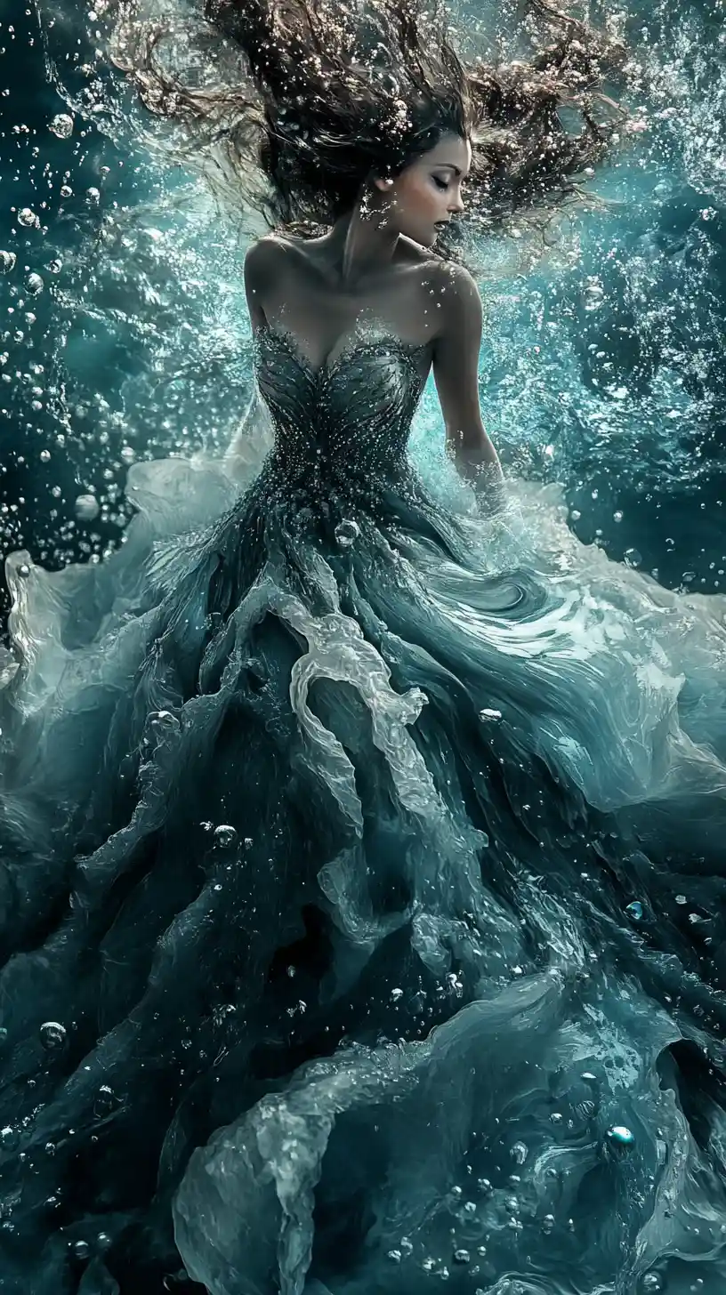 Ethereal sea queen in a flowing water and pearl gown