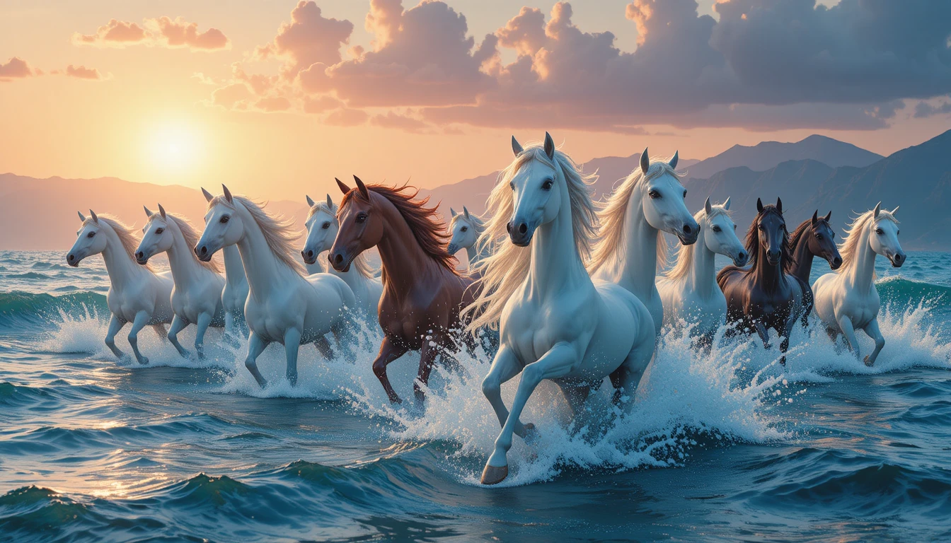 Branco di unicorni al galoppo in un oceano illuminato dal tramonto
